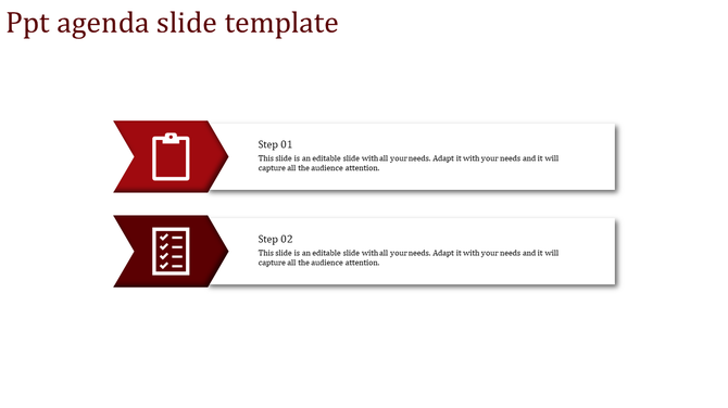 Two step agenda slide with red arrow banners, featuring a clipboard and checklist icon alongside text boxes.