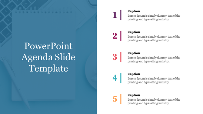 Agenda template featuring color-coded numbers and aligned text sections for easy readability.