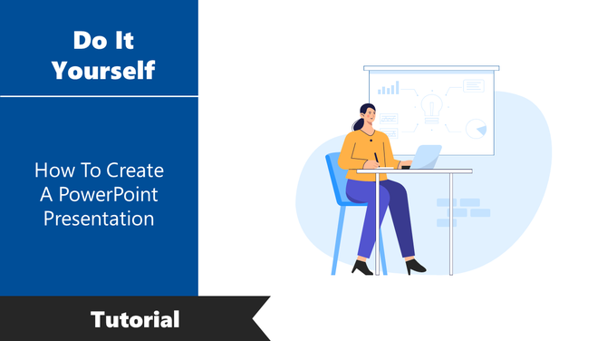 Illustration of a woman with a laptop, sitting in front of a whiteboard showing charts, learning to make a PPT presentation.