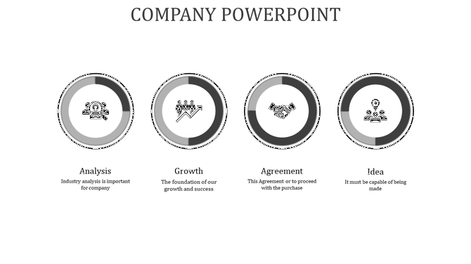 Monochrome company presentation slide with four circular icons representing analysis, growth, agreement, and idea.