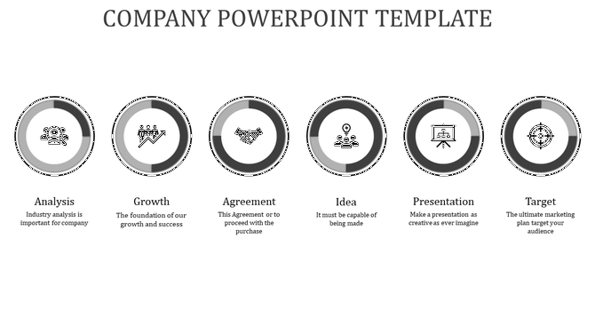 Row of six circular gray icons, each with a label and caption, representing business concepts on a white background.