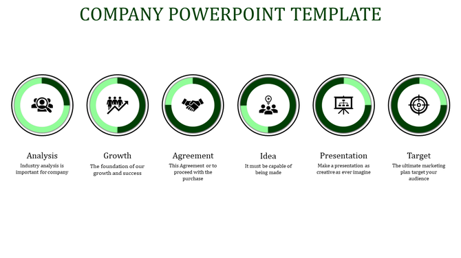 Company PPT slide with six green circular icons representing analysis, growth, agreement, idea, presentation, and target.
