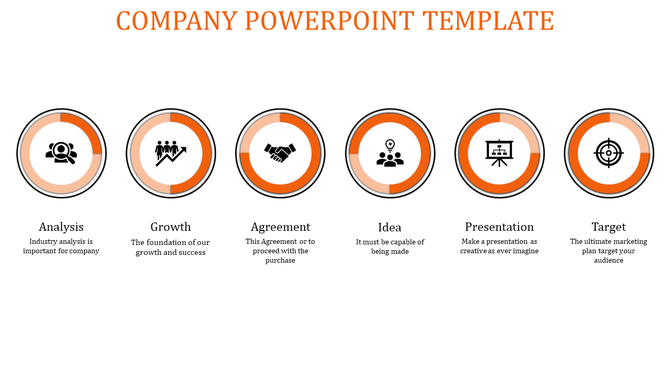 Company template featuring six orange circular icons with business related symbols from analysis to target.