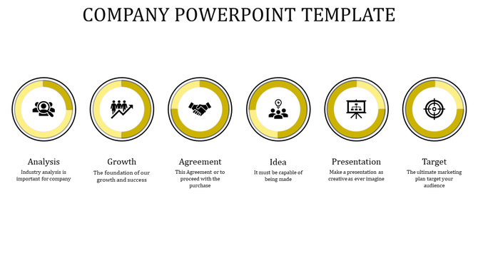 Minimalist company slide displaying six yellow gradient circular icons with black business symbols, arranged in a row.
