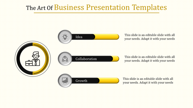 Slide showing a circular icon on the left and three horizontal progress bars in yellow and black for business stages.