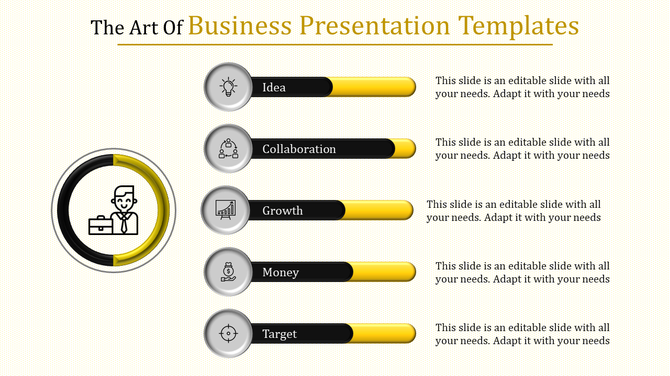 A business slide with icons representing idea, collaboration, growth, money, and target, each accompanied by progress bars.
