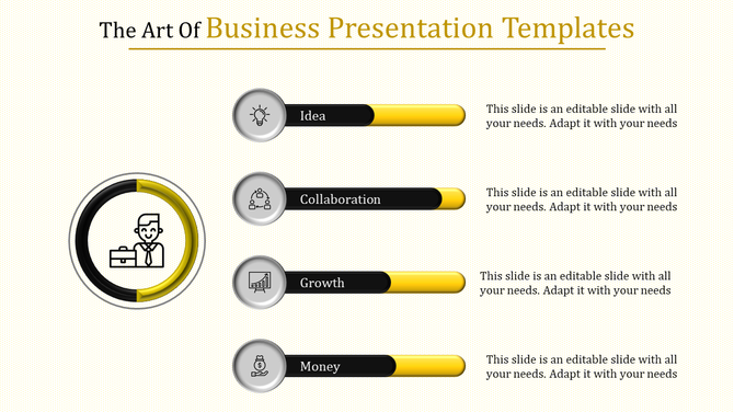 A business template featuring icons for idea, collaboration, growth, and money with progress bars and captions.
