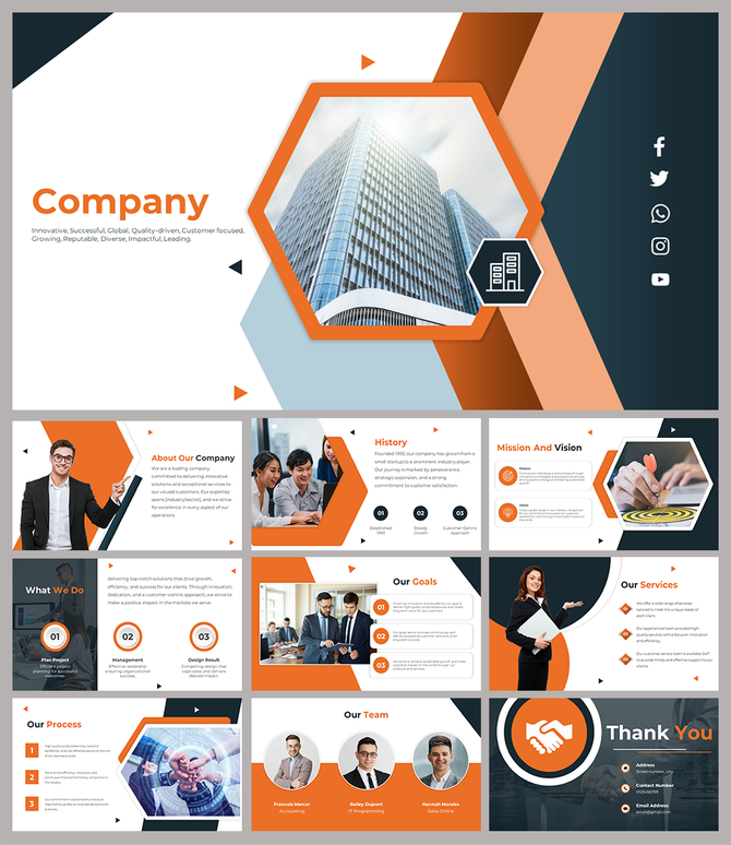 A company presentation slides featuring modern office buildings, team photos, and orange themed sections for content.