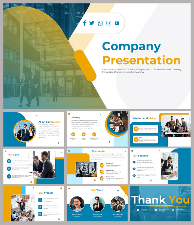 A company PPT slides layout with sections for about, history, services, and team featuring a design in blue and yellow tones.