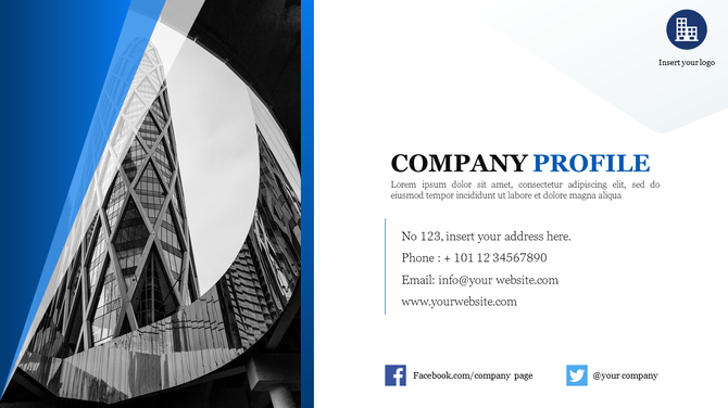 Company profile slide with a black-and-white skyscraper image and a blue overlay with the details on the left.