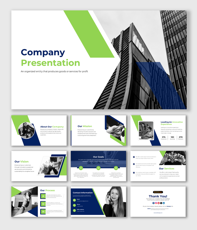 Company slide deck featuring green and blue modern design elements with corporate imagery on a clear sky.