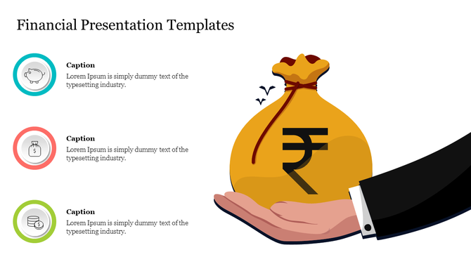A financial slide featuring an illustration of a hand holding a money bag with the indian rupee symbol with captions.