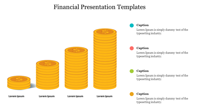 Slide showcasing a bar chart made of gold coin stacks in ascending order, with four captions on the right.