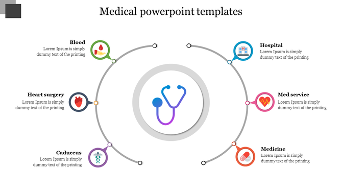 Circular medical diagram with stethoscope icon at the center and six healthcare-related icons and captions areas.