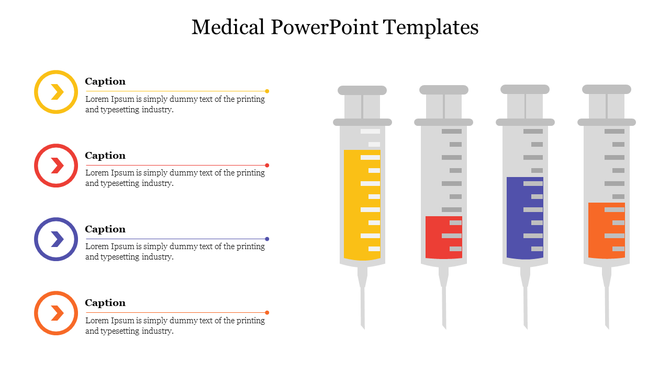 Medical template with four syringes filled with yellow, red, blue, and orange liquid, and captions on the left side.