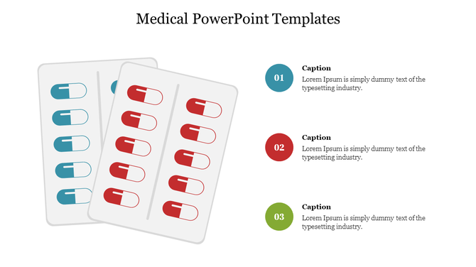 Two pill blister graphics in red and blue, alongside three numbered circular icons in blue, red, and green.