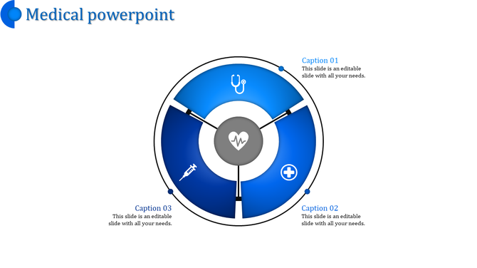 Medical themed PowerPoint template with a circular design and icons representing a stethoscope, syringe, and medical cross.