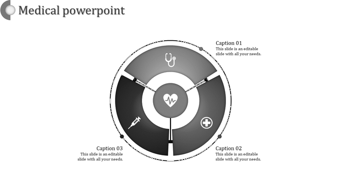 Circular medical infographic with three sections featuring stethoscope, syringe, and cross icons around a heartbeat symbol.