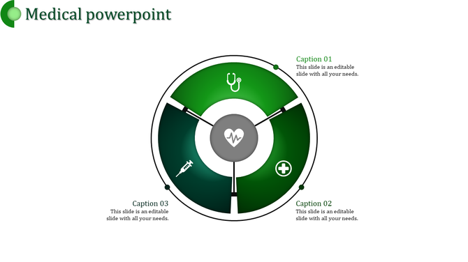 Medical slide featuring a circular green chart divided into three sections with healthcare related symbols.