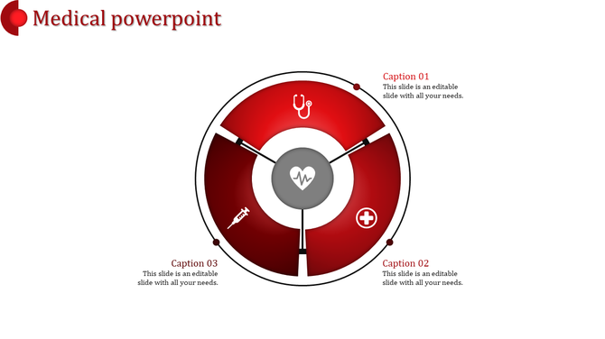 Medical themed PPT template with a red circular design and icons representing a stethoscope, syringe, and medical cross.