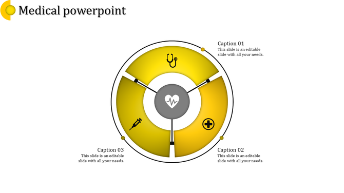 Medical template displaying a segmented yellow circular chart with healthcare icons and connected captions areas.
