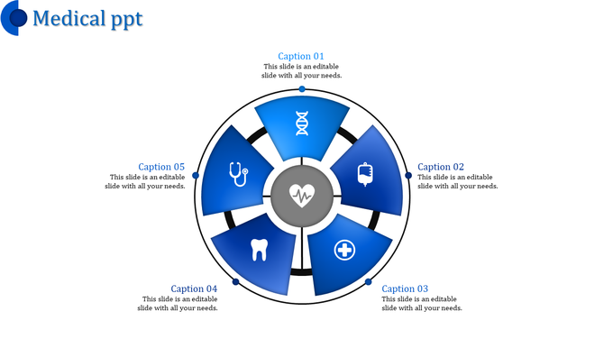 Infographic with a circular blue design divided into five sections, each with medical icons and captions around the circle.