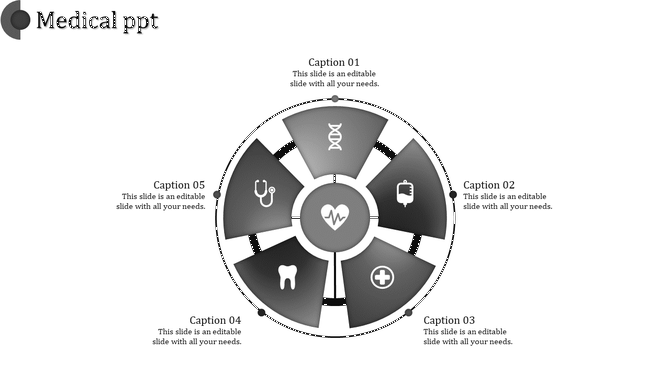 Medical PPT slide featuring circular icons representing healthcare elements like stethoscope, DNA, and health symbols.
