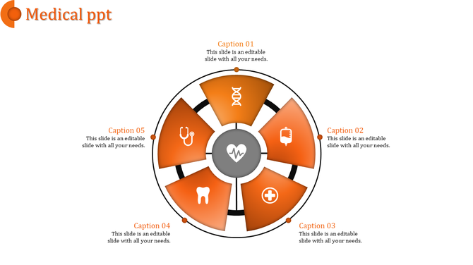 Medical slide with an orange circular layout featuring five segments with icons like DNA, stethoscope, and tooth.