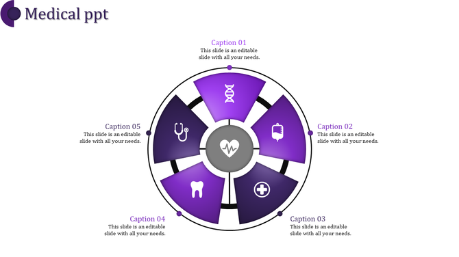 Medical PPT slide featuring purple circular icons representing healthcare elements like stethoscope, DNA, and health symbols.