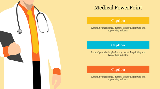 A medical PowerPoint slide with a doctor in a white coat, featuring three sections with colorful captions.