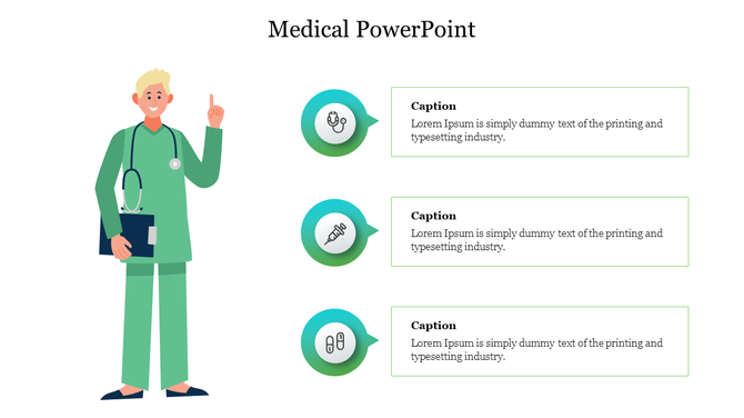 A medical themed PowerPoint slide featuring a doctor in scrubs and three captioned sections with medical icons.