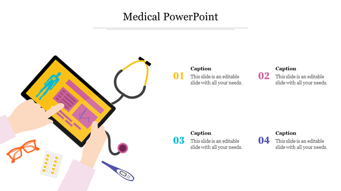 Healthcare-themed design with a tablet showing medical charts, alongside diagnostic tools like a stethoscope and thermometer.