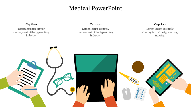 Medical themed slide showing various health tools, such as a stethoscope, laptop, thermometer, and medication with captions.