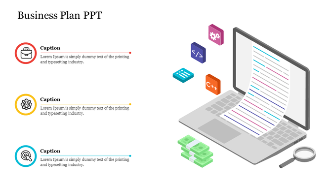 Business template slide showcasing a laptop with a rolling document, coding icons, and financial-related visuals.