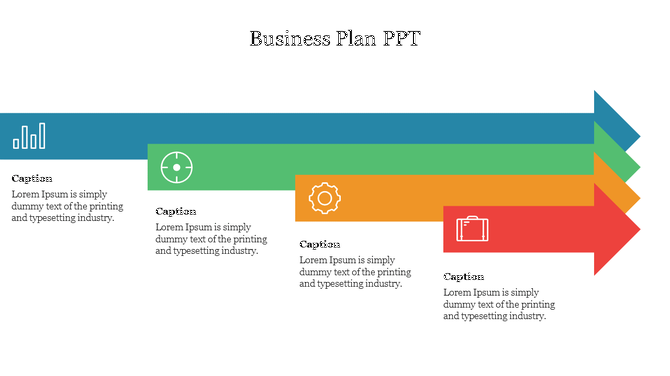 Infographic slide showing a business plan with arrows, each representing a step in the process with icons.