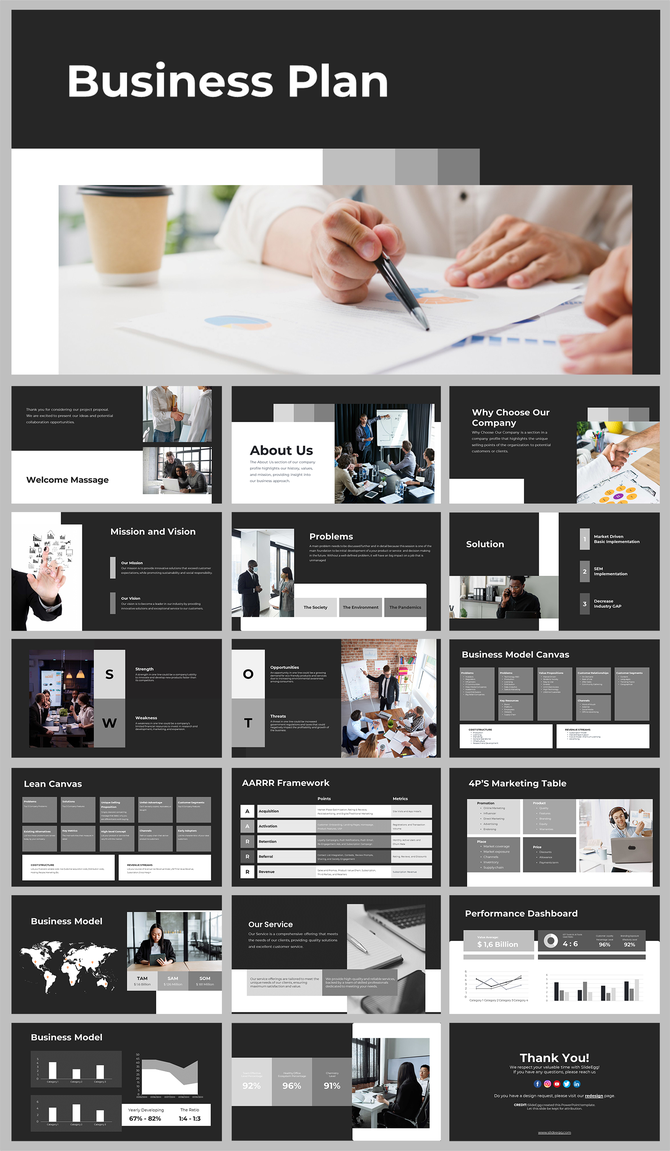 Business plan slide deck showcasing graphs, datas, text, and images, in black and white theme.