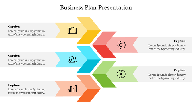 Business plan presentation with arrows in different colors, each representing a step with an icon and caption.