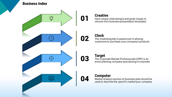 Top Business Index template featuring four 3D arrows, each labeled with a number and a business concept.