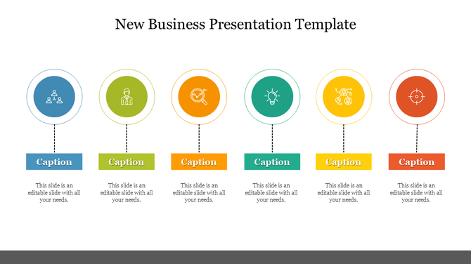 Six circular icons in blue, green, orange, teal, yellow, and red, each with captions below.