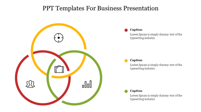 Venn diagram with red, yellow, and green circles overlapping, containing icons for teamwork, briefcase, and analytics.