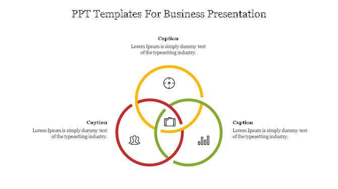 Business slide with three overlapping circles in red, yellow, and green, each containing icons and captions.