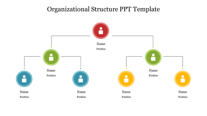 Corporate hierarchy chart featuring colorful circles for each level of the organization, linked with lines.