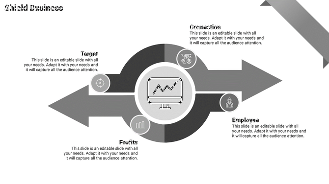 Business presentation slide featuring arrows and sections on target, profits, connection, and employees, with related icons.