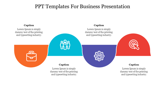 PPT template for a business presentation featuring four colorful sections from business to target with corresponding icons.