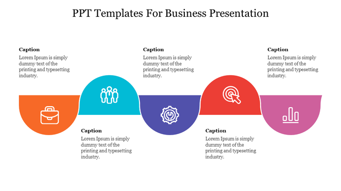 PPT template for a business presentation featuring four colorful sections from business to analysis, each with an icon.