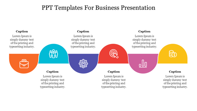 Slide with a linear design of semicircles in orange, blue, purple, red, and yellow, each containing unique icons.
