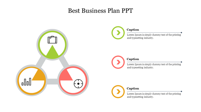 Best business plan slide featuring a triangular design with icons for business, growth, and target, with arrows pointing out.