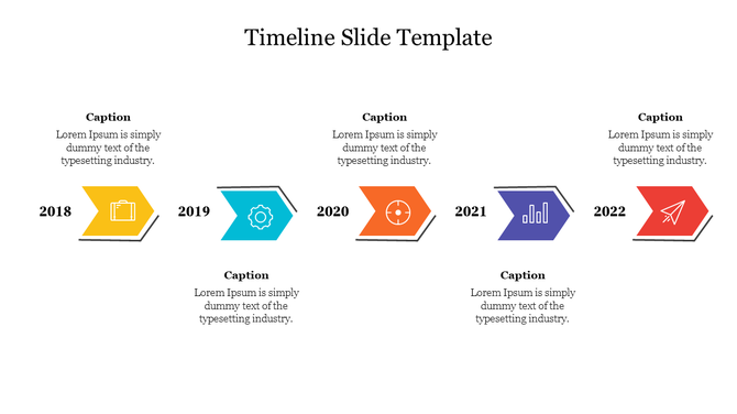 Horizontal timeline with years 2018 to 2022, each section marked by a distinctive icon and caption areas.