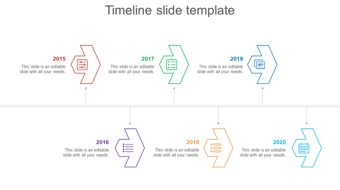 Timeline slide showing a sequence of years from 2015 to 2020, each with an icon and description.