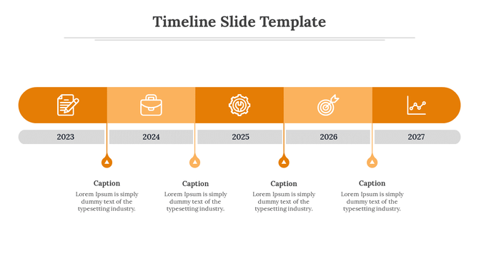 Timeline slide showing years from 2023 to 2027 with icons for each year document, briefcase, gear, target, and graph.